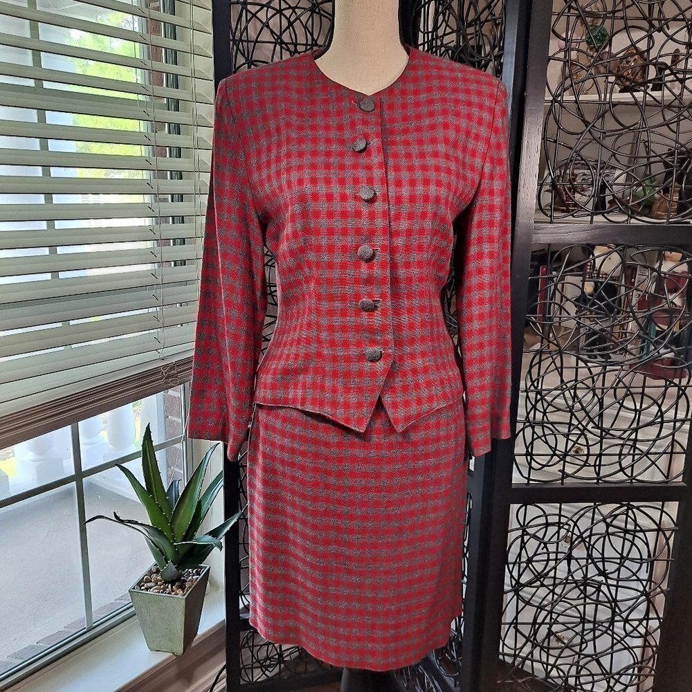 Christy Girl 2 Piece Skirt Suit Red/Gray Check 90's Shoulder Pads Pencil Skirt